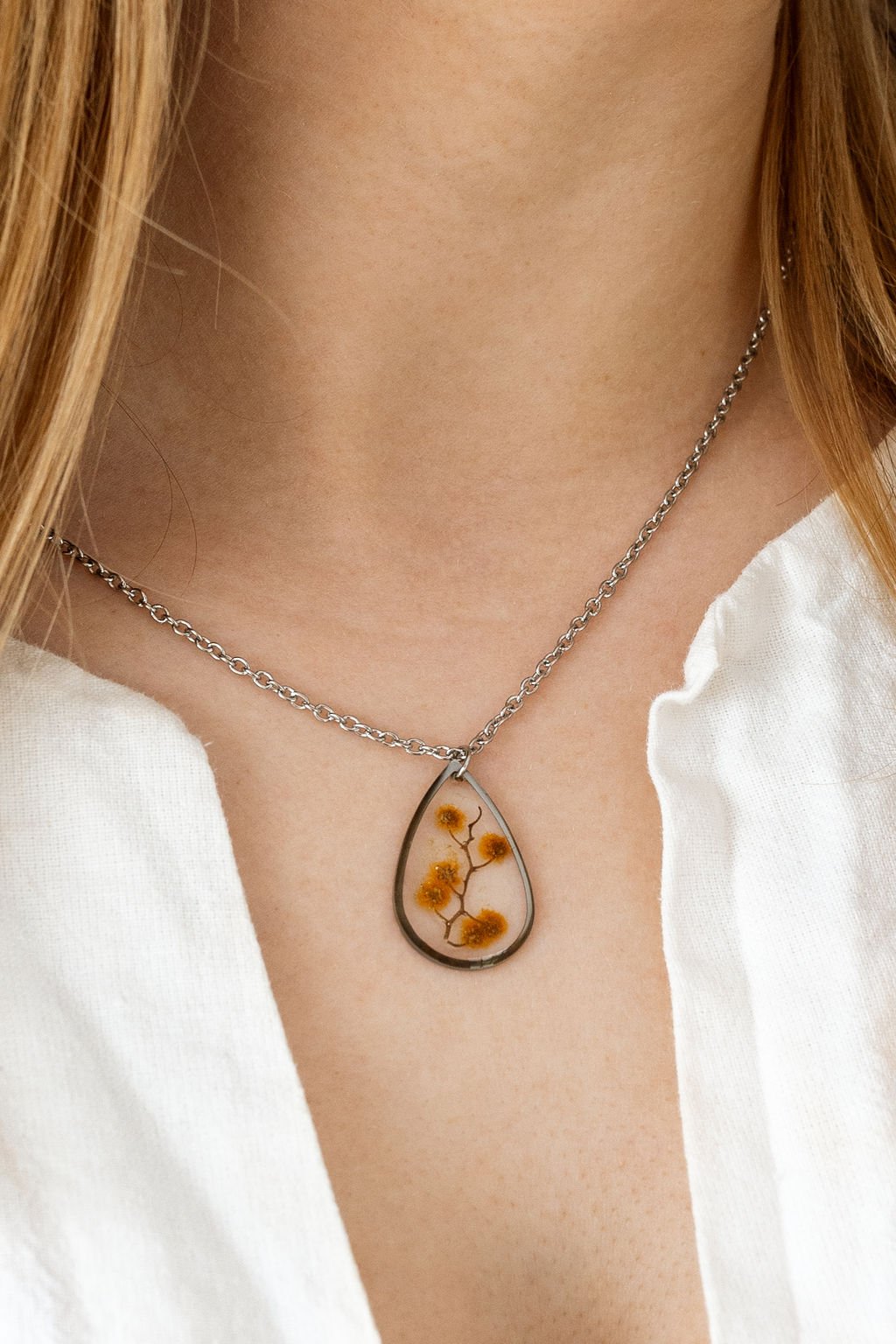 Wattle Teardrop Silver Necklace
